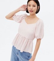 New Look Pale Pink Gingham Sweetheart Peplum Blouse